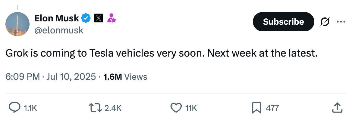 馬斯克:Grok最晚下周用于特斯拉汽車 馬斯克:Grok最晚下周用于特斯拉汽車